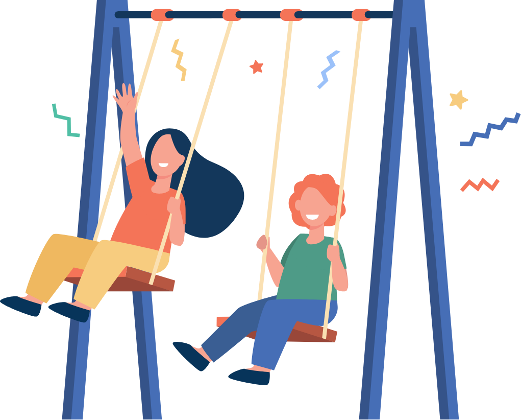 A cartoon drawing of two children on swings