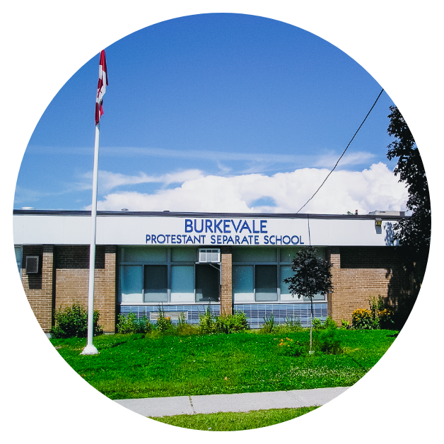Burkevale Protestant Separate School Building with the flag pole out front.