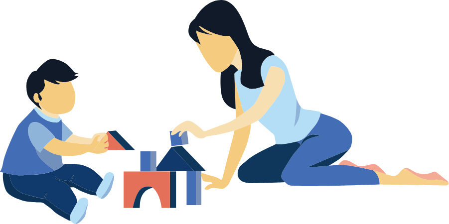 A cartoon drawing of a woman and small child sitting on the floor building a structure with wooden blocks.